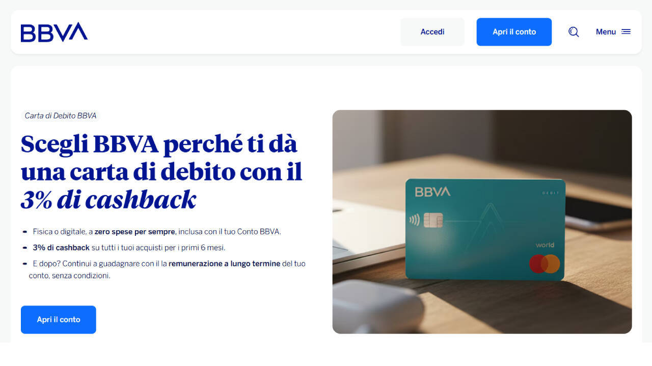 Homepage Carta di debito BBVA