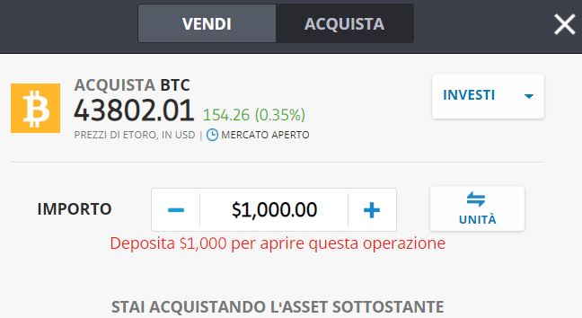 comprare Bitcoin su eToro