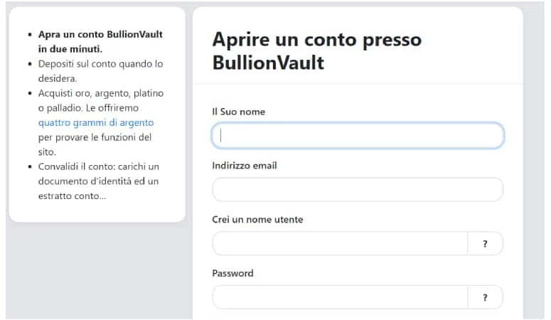 Come aprire un conto BullionVault 2