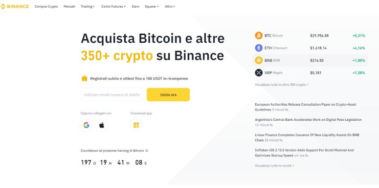 Acquista crypto con Binance exchange