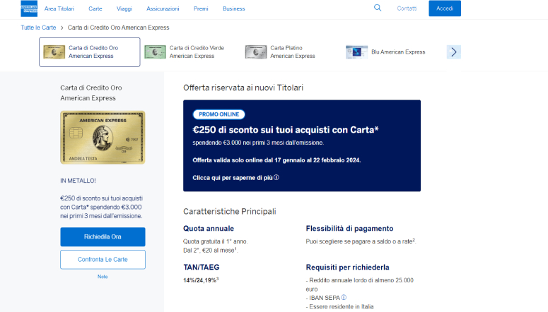 Carta di Credito Oro American Express nuovo