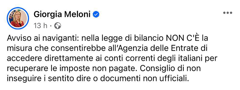 Giorgia Meloni post facebook smentisce pignoramento telematico dei conti correnti