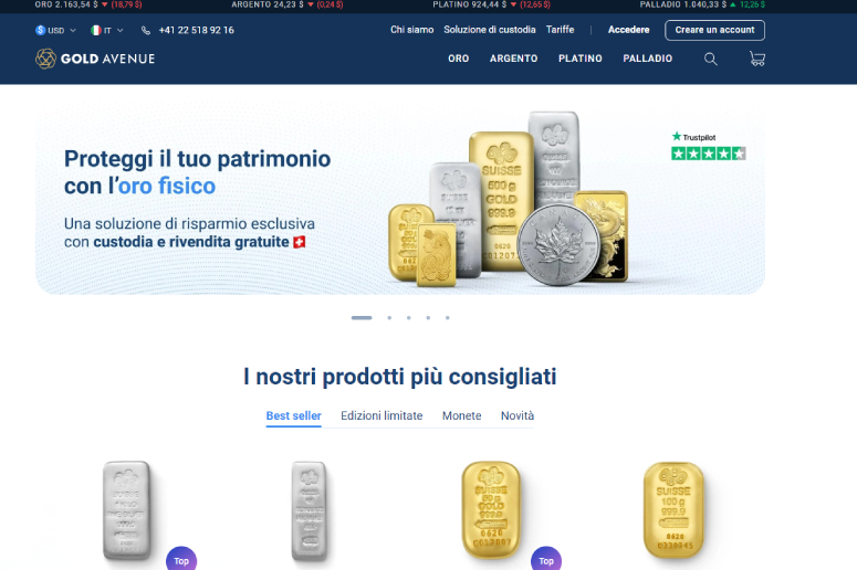 Gold Avenue piattaforma per comparare oro, argento e platino