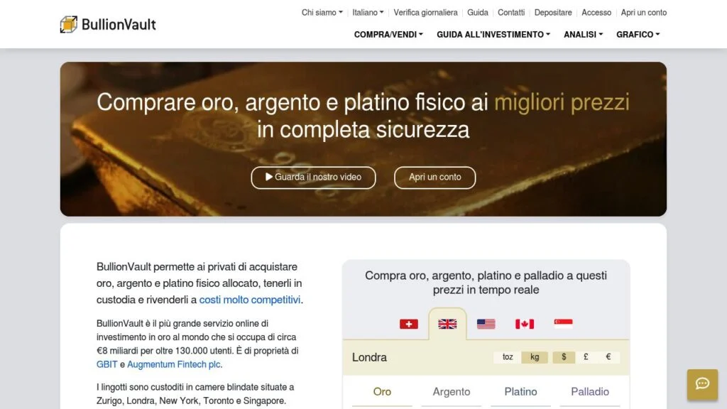 Schermata del sito di Bullionvault