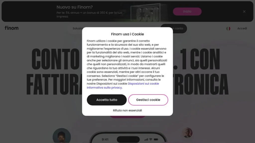 Schermata del sito di Finom Smart
