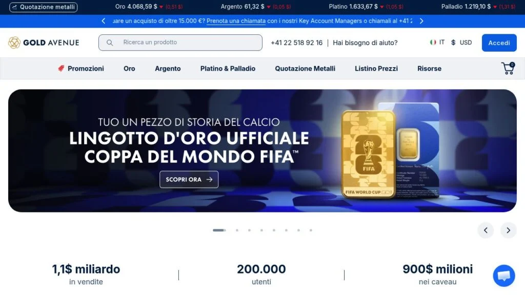 Schermata del sito di Gold Avenue