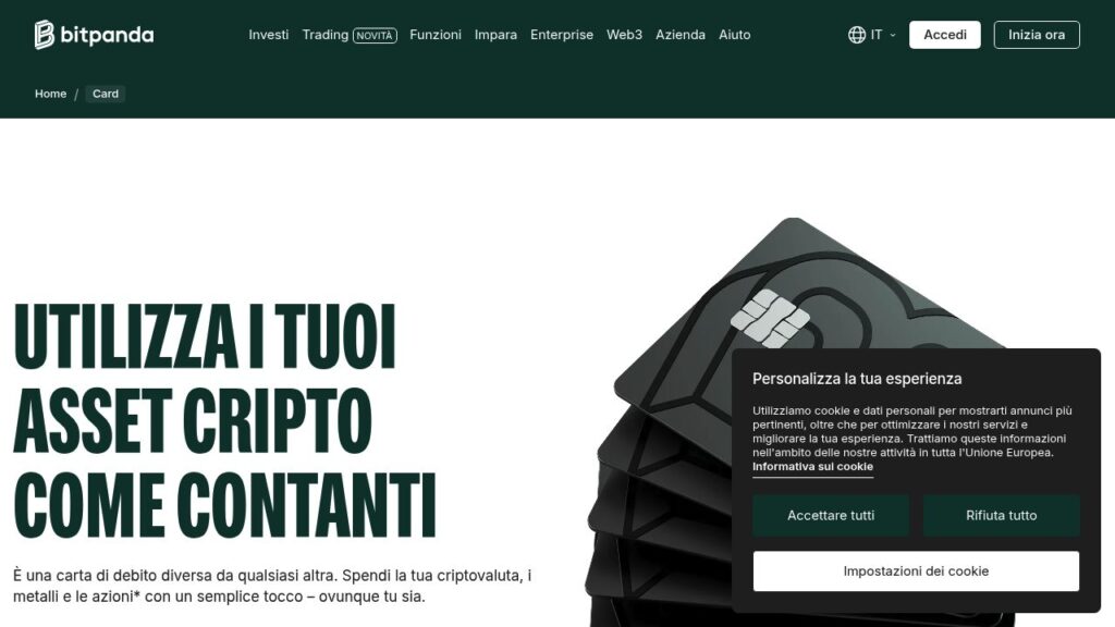 Schermata del sito di Bitpanda Card