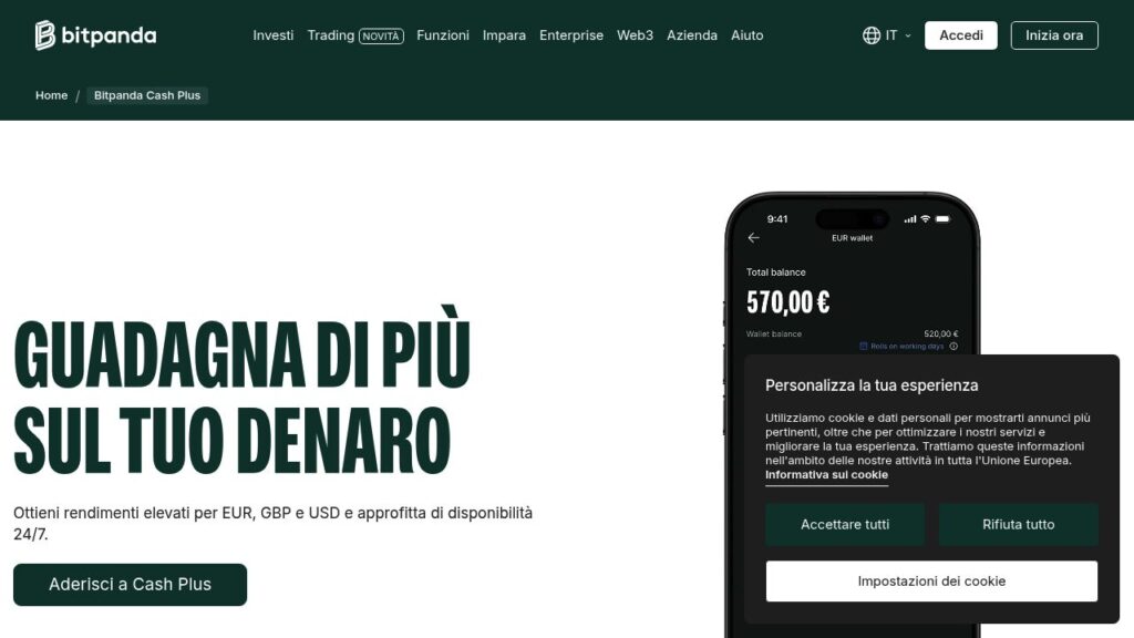 Schermata del sito di Bitpanda Cash Plus