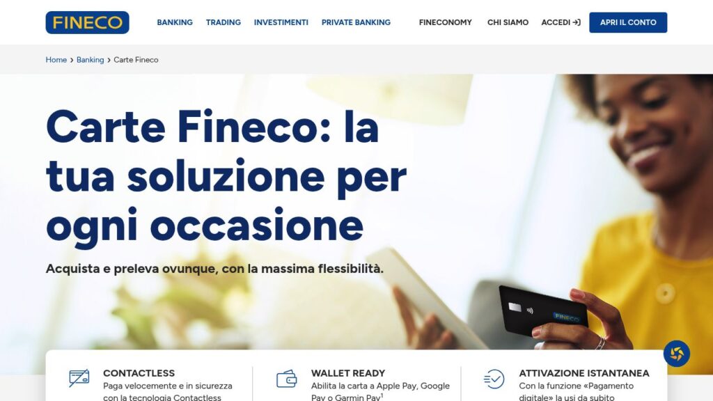 Schermata del sito di Carta di debito Fineco