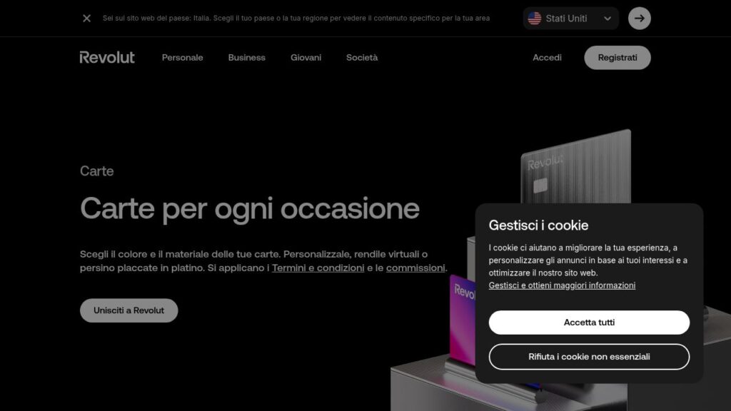 Schermata del sito di Carta Revolut