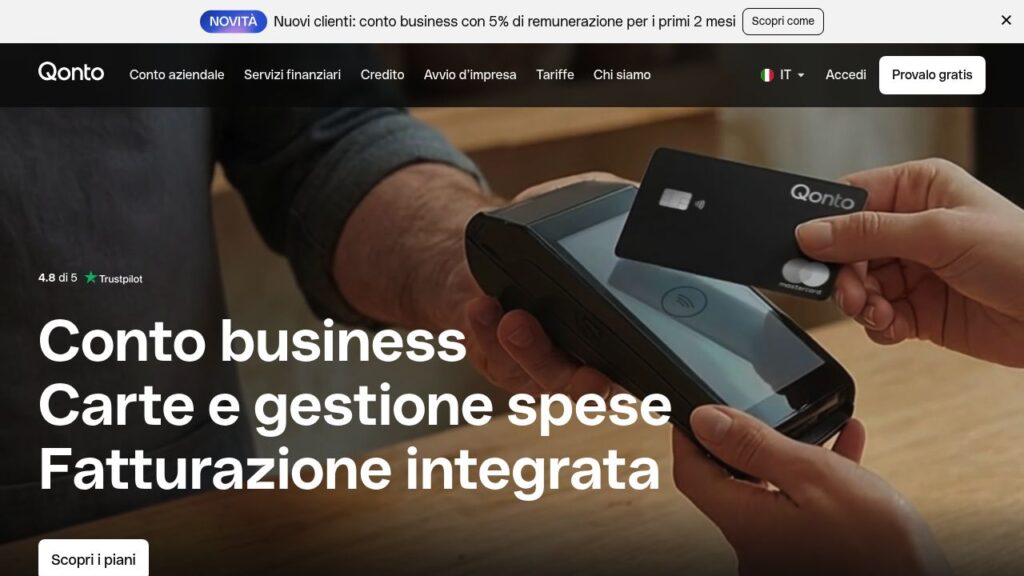 Schermata del sito di Conto Qonto per associazioni