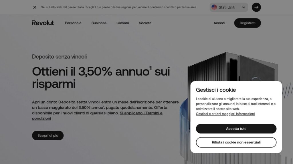 Schermata del sito di Conto di risparmio Revolut