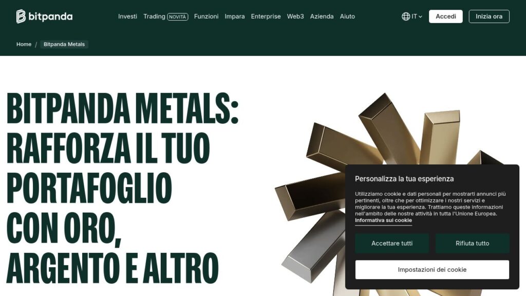 Schermata del sito di Bitpanda Metals