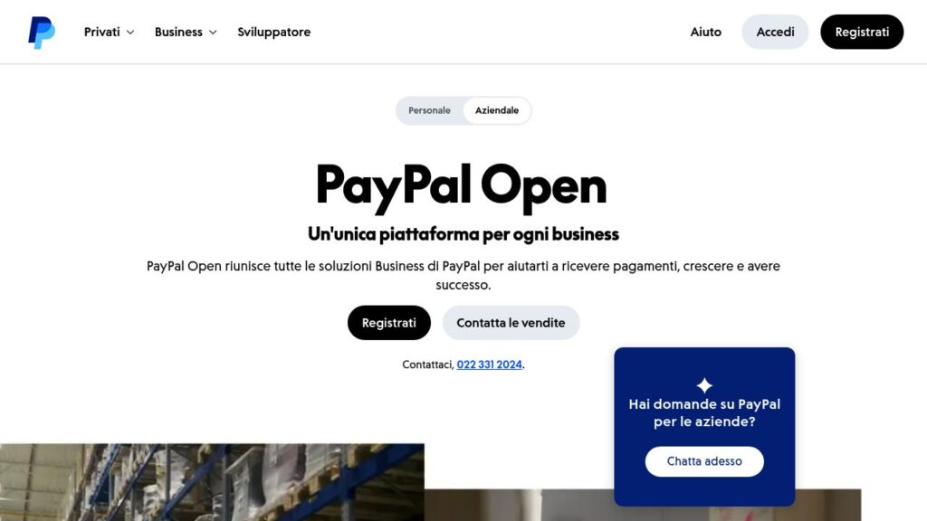 Schermata del sito di Conto PayPal Business