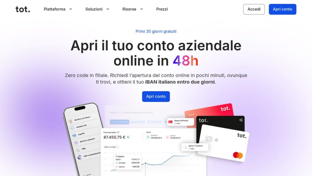 Schermata del sito di Conto business Tot