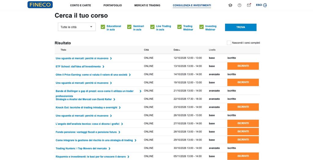 Sezione Webinar Fineco