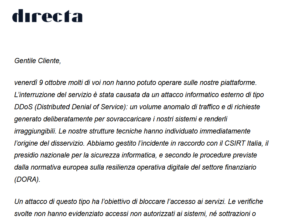 Un estratto della lettera inviata da Directa ai propri clienti
