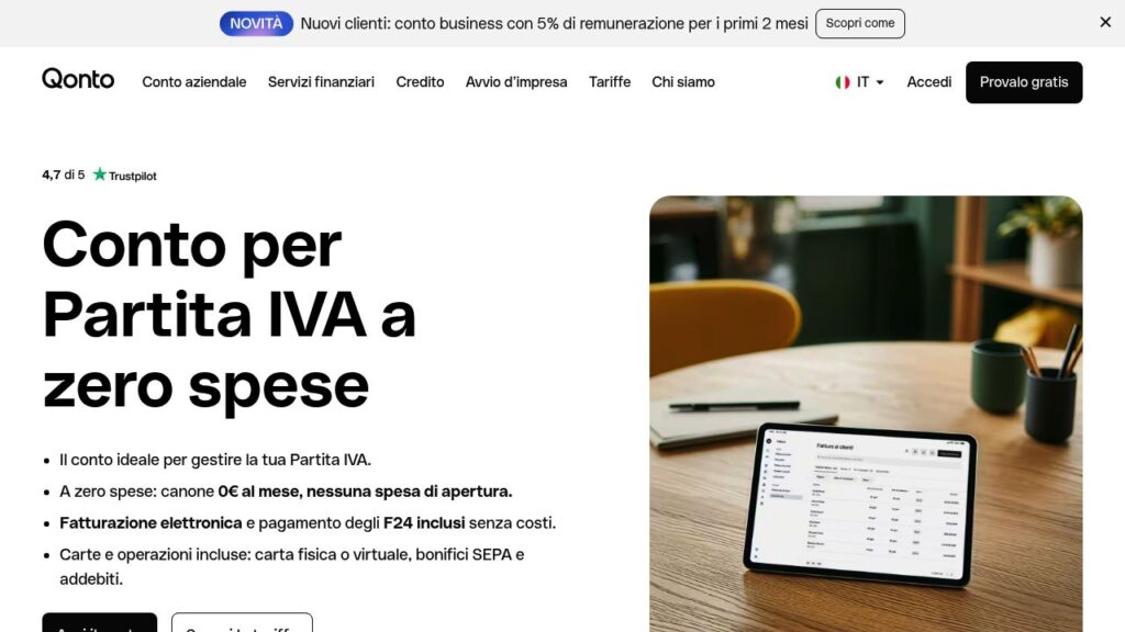 Schermata del sito di Qonto Starter