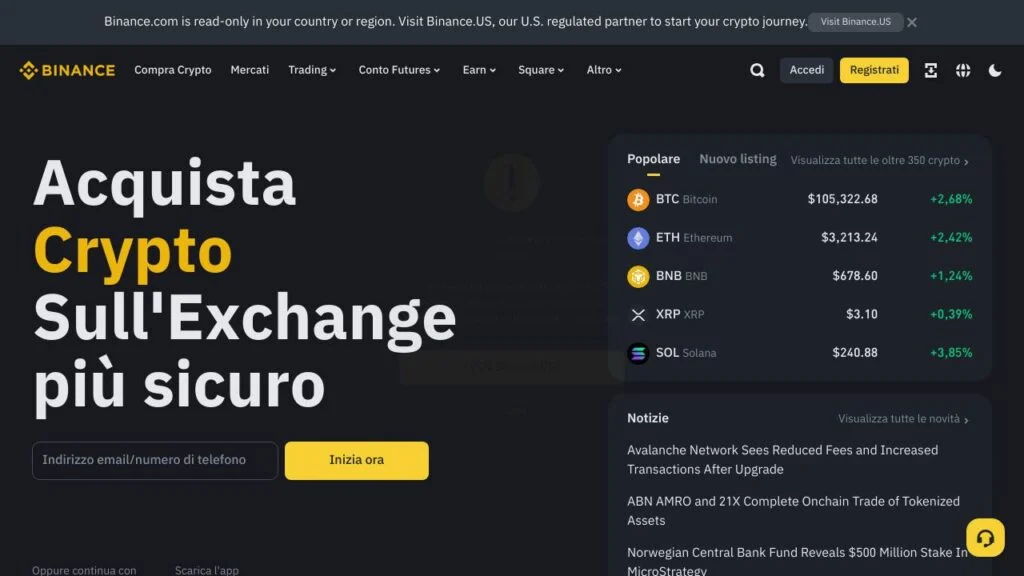 Schermata del sito di Binance