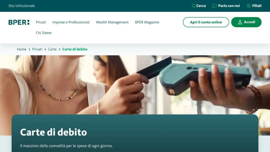 Schermata del sito di Carta di debito BPER