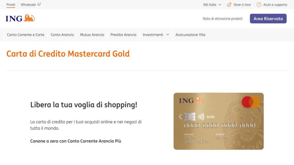 Schermata del sito di ING Mastercard Gold