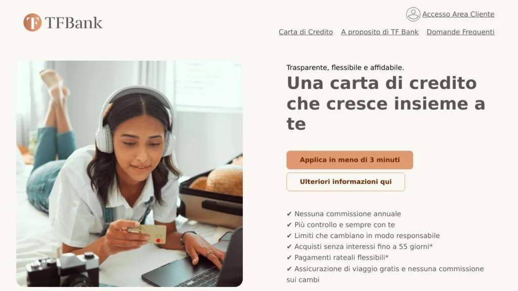 Schermata del sito di Carta di credito TF Bank