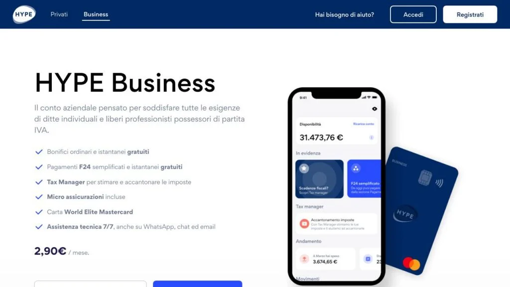 Schermata del sito di Hype Business Carta