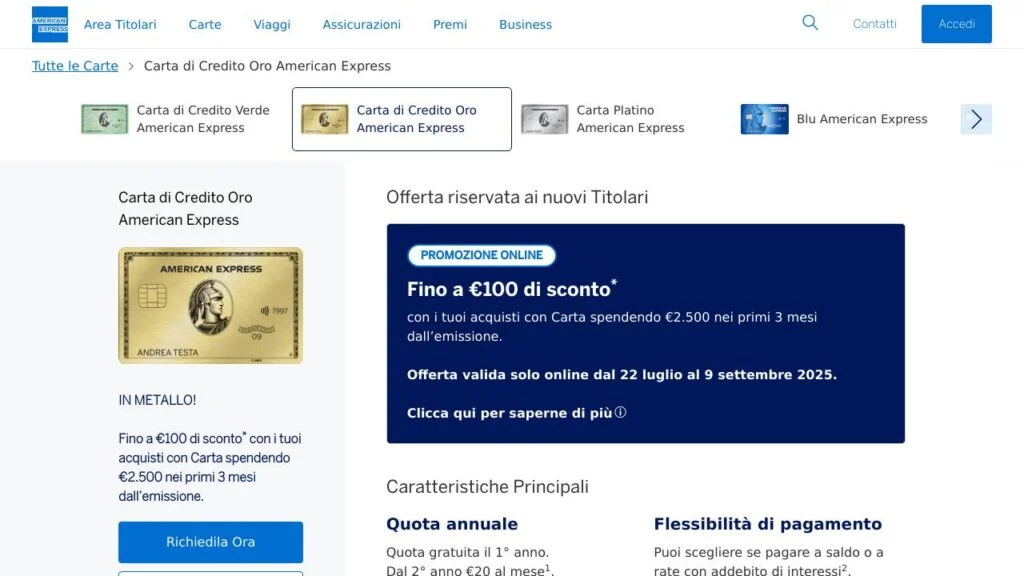 Schermata del sito di Carta Oro American Express