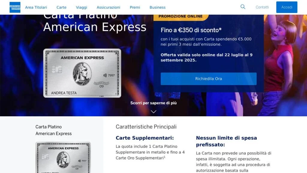Schermata del sito di Carta Platino American Express