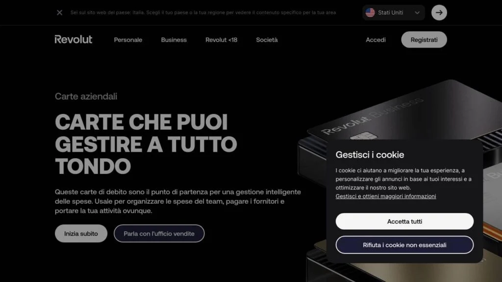 Schermata del sito di Carta Revolut Business Virtuale