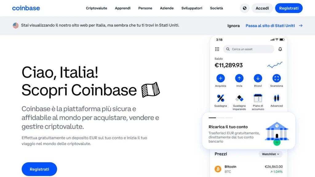 Schermata del sito di Coinbase