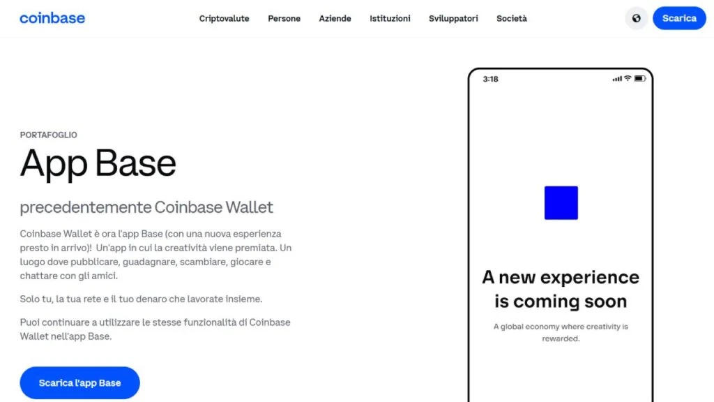 Schermata del sito di Coinbase Wallet