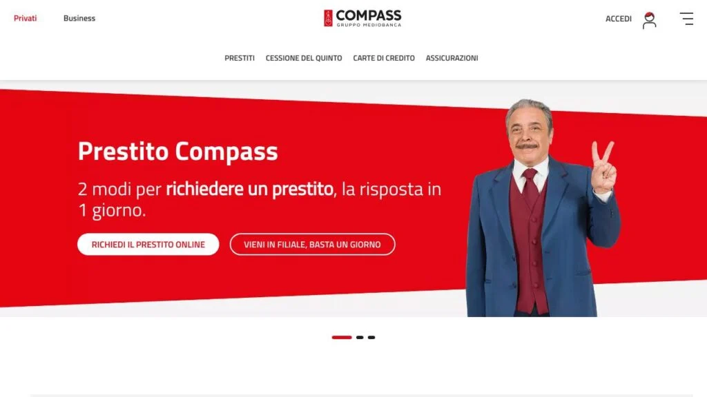Schermata del sito di Prestito Compass