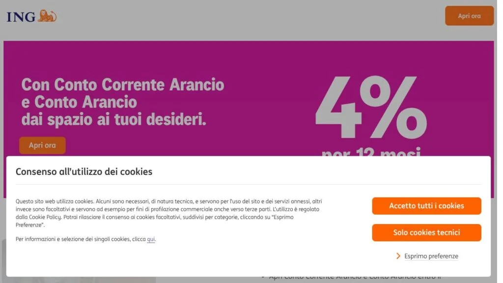 Schermata del sito di Conto Arancio ING