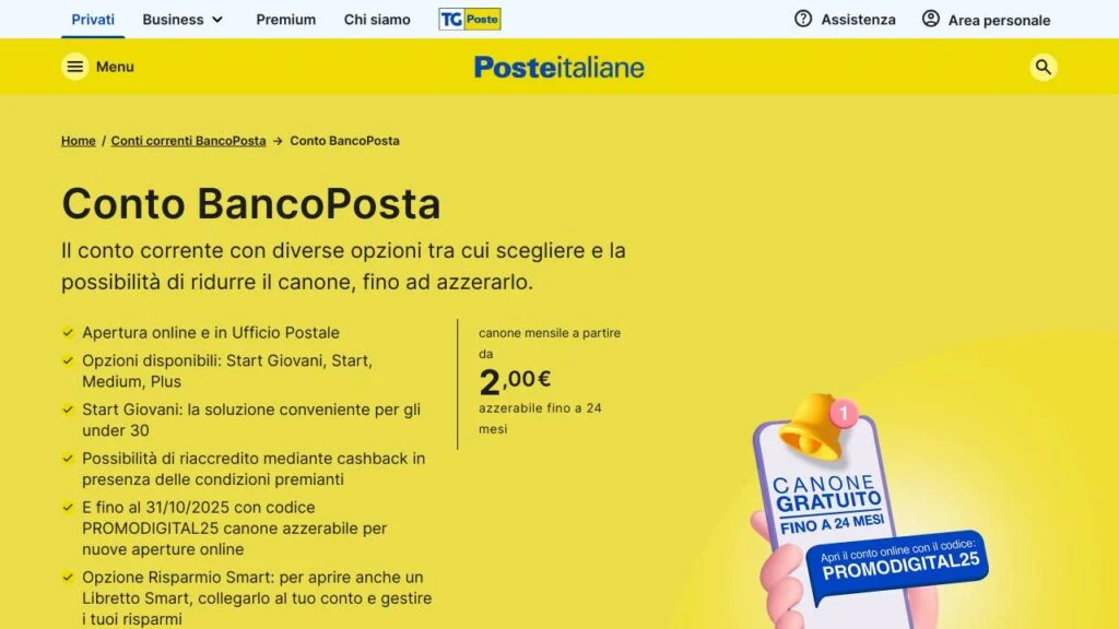 Schermata del sito di Conto BancoPosta