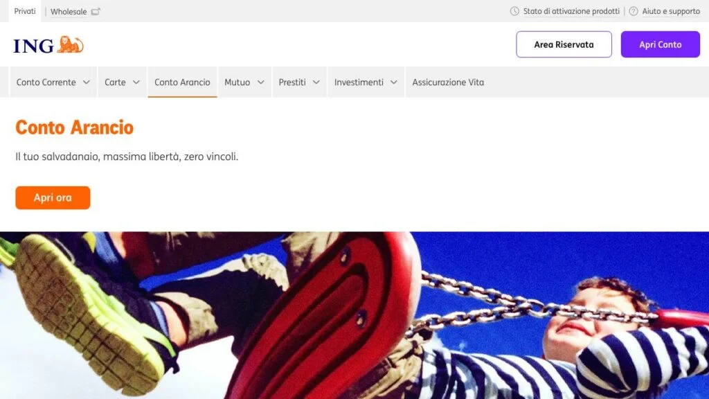 Schermata del sito di Conto corrente Arancio ING