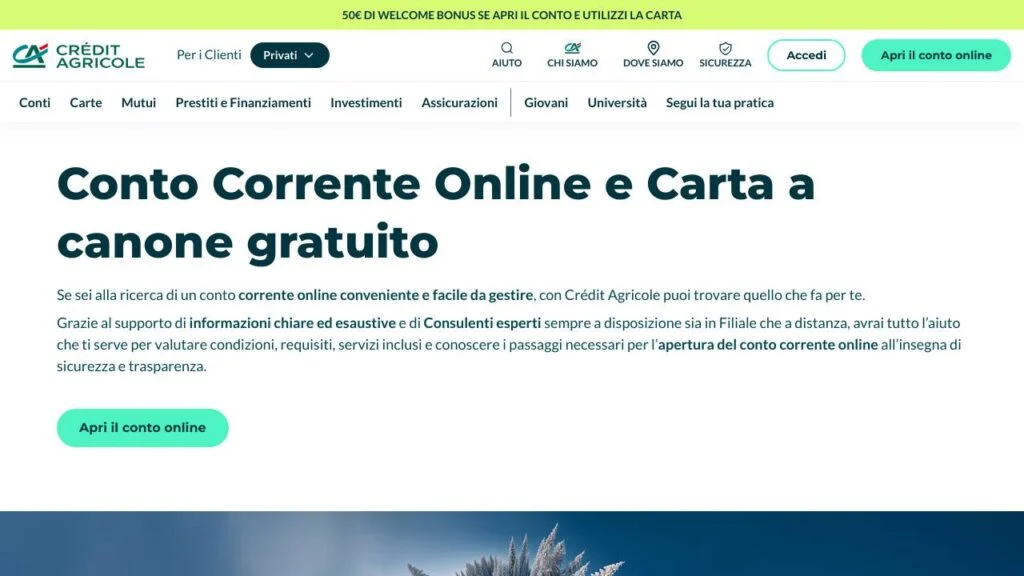 Schermata del sito di Conto Crédit Agricole