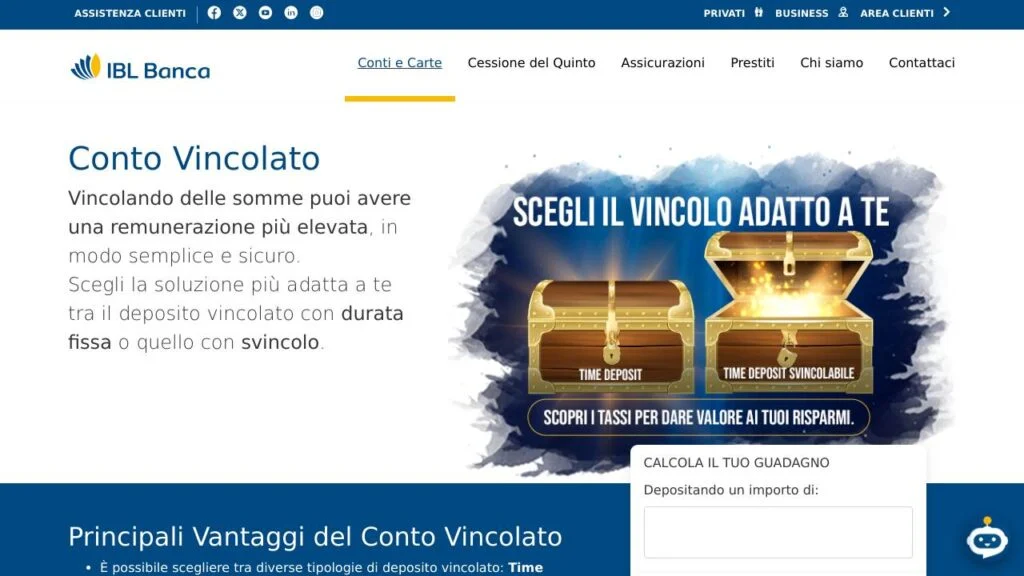 Schermata del sito di Conto Deposito IBL