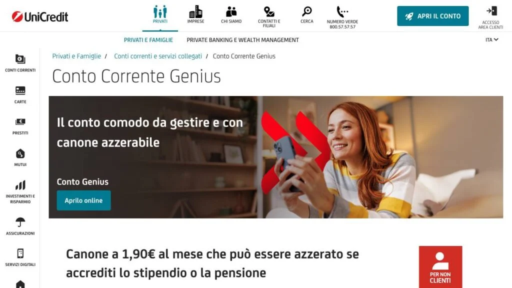 Schermata del sito di Conto Genius