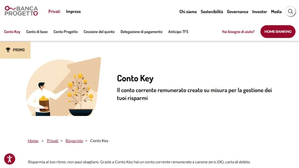 Schermata del sito di Conto Key