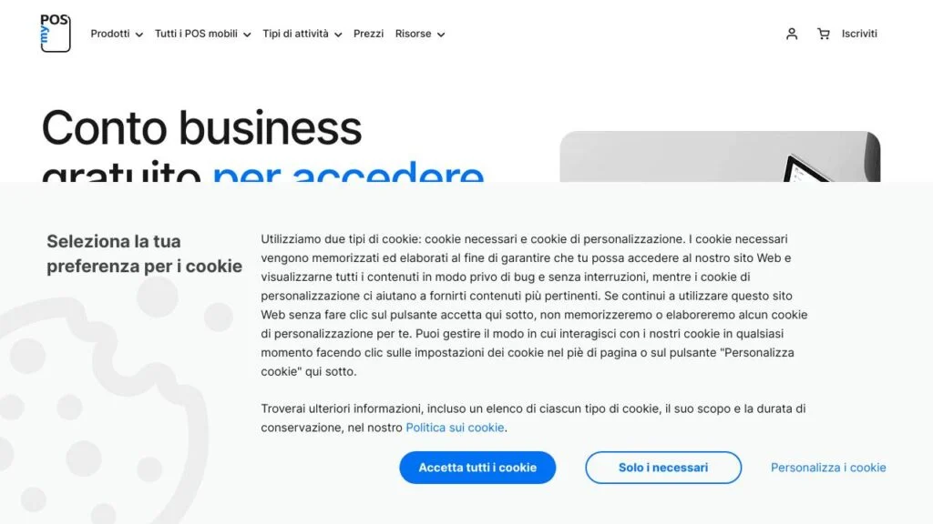 Schermata del sito di Conto aziendale MyPOS