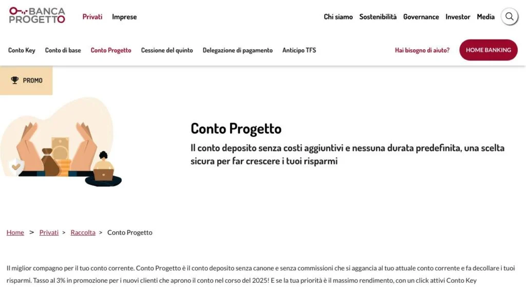 Schermata del sito di Conto Progetto