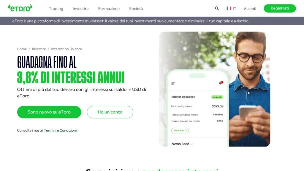 Schermata del sito di Interessi sulla liquidità eToro