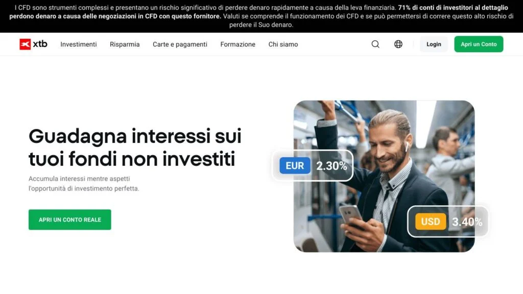 Schermata del sito di Conto remunerato XTB