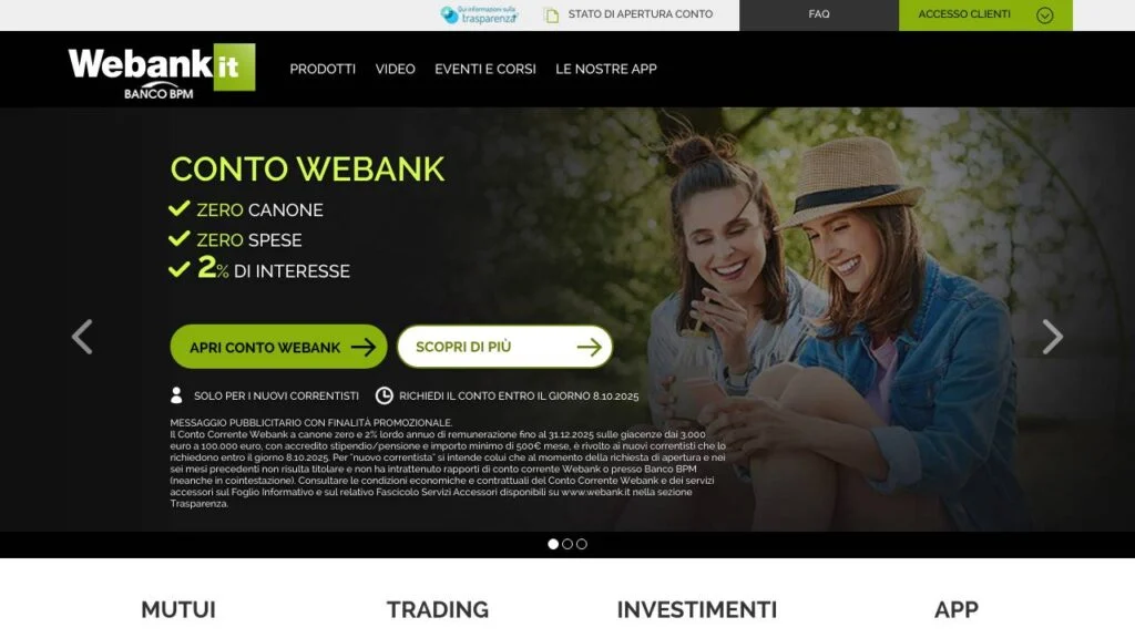 Schermata del sito di Conto Webank