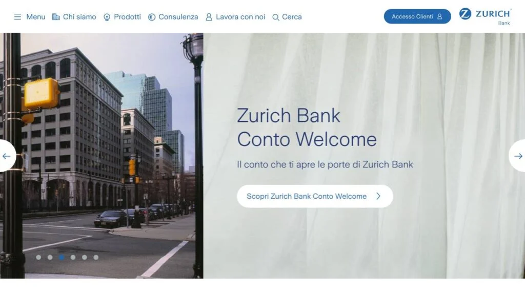 Schermata del sito di Conto Welcome Zurich Bank
