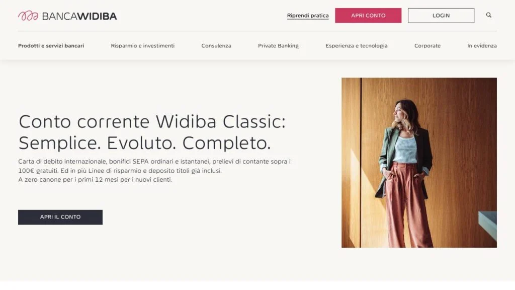 Schermata del sito di Conto Widiba
