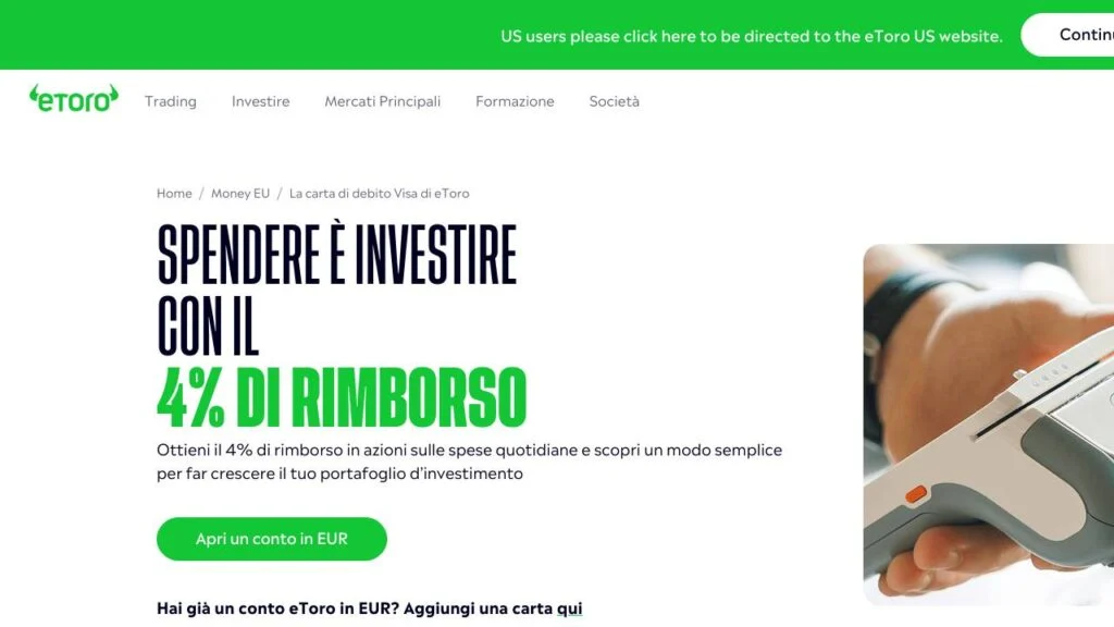 Schermata del sito di eToro carta