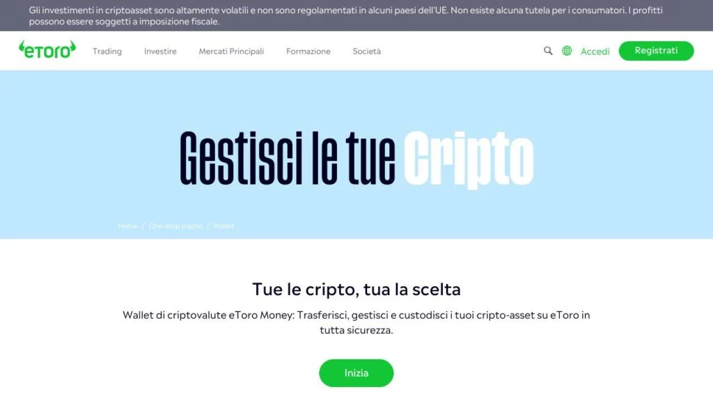 Schermata del sito di eToro Exchange