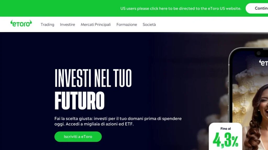 Schermata del sito di Broker eToro